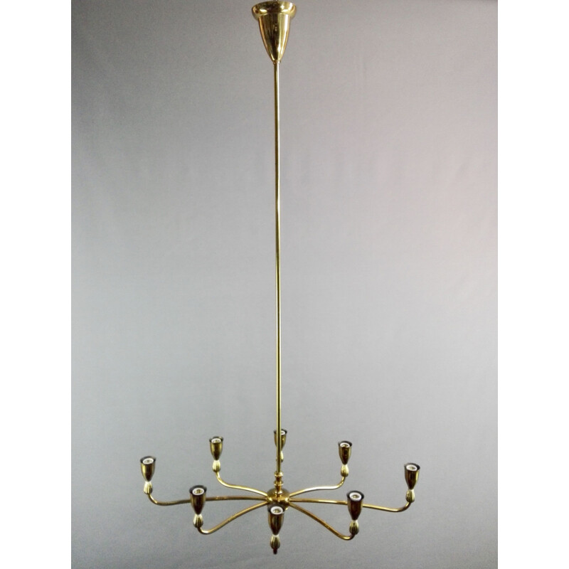 Italian vintage eight-light gilded solid brass chandelier, 1950s