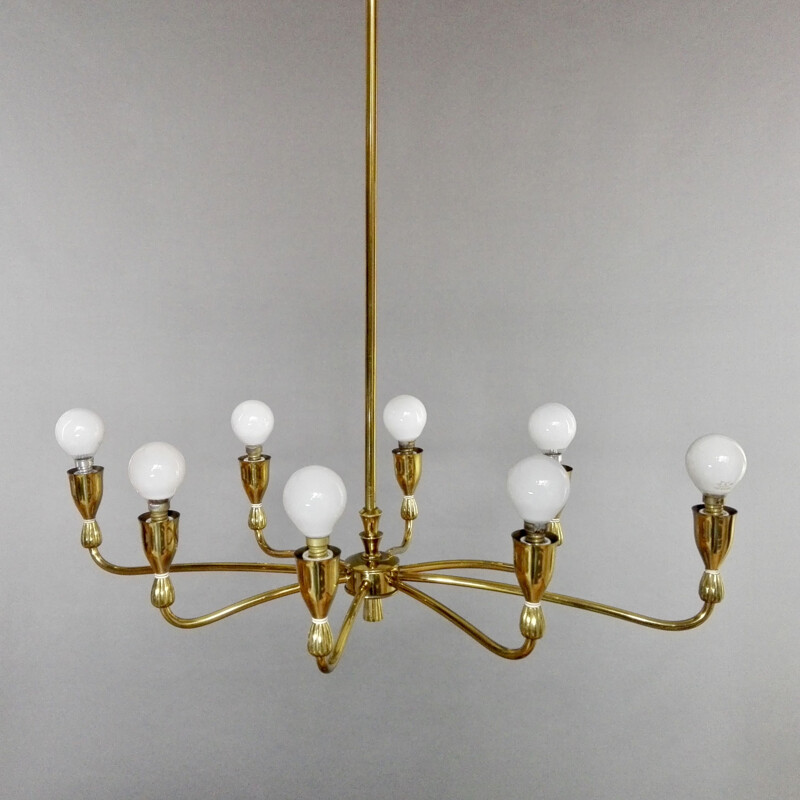 Italian vintage eight-light gilded solid brass chandelier, 1950s