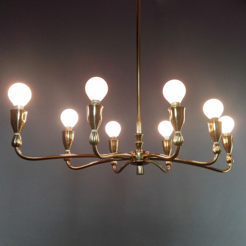 Italian vintage eight-light gilded solid brass chandelier, 1950s