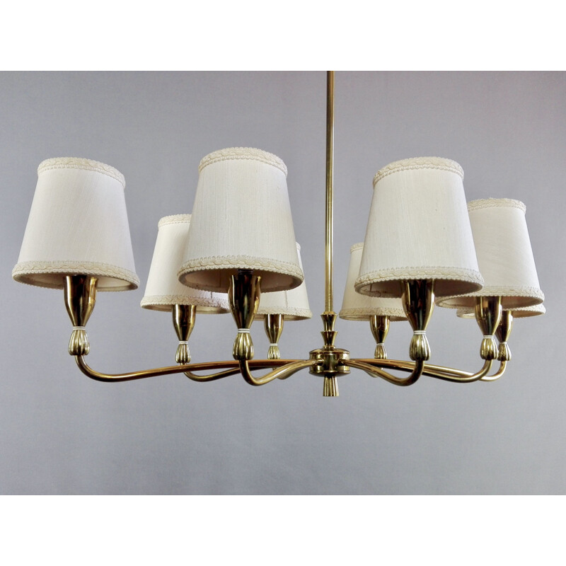 Italian vintage eight-light gilded solid brass chandelier, 1950s