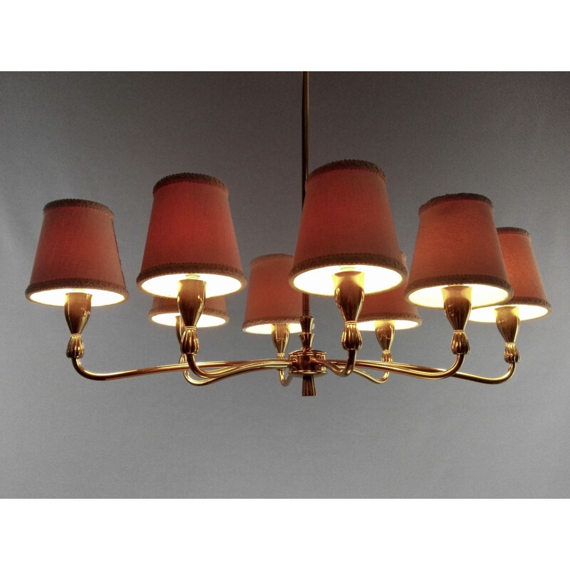 Italian vintage eight-light gilded solid brass chandelier, 1950s