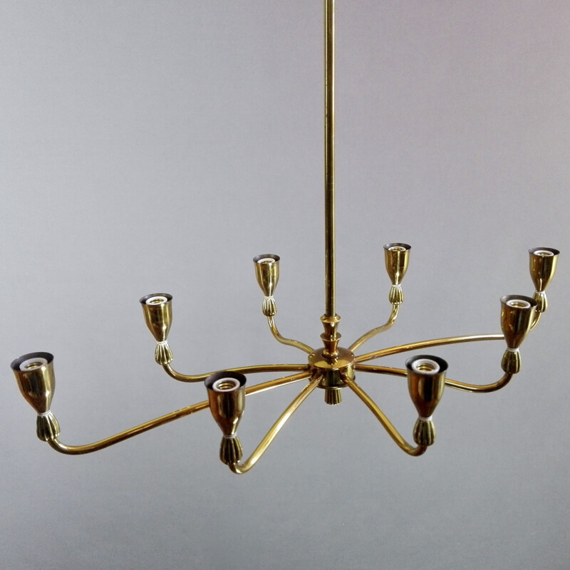 Italian vintage eight-light gilded solid brass chandelier, 1950s