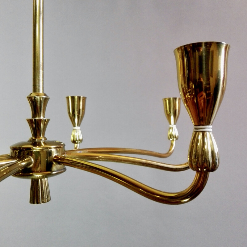 Italian vintage eight-light gilded solid brass chandelier, 1950s