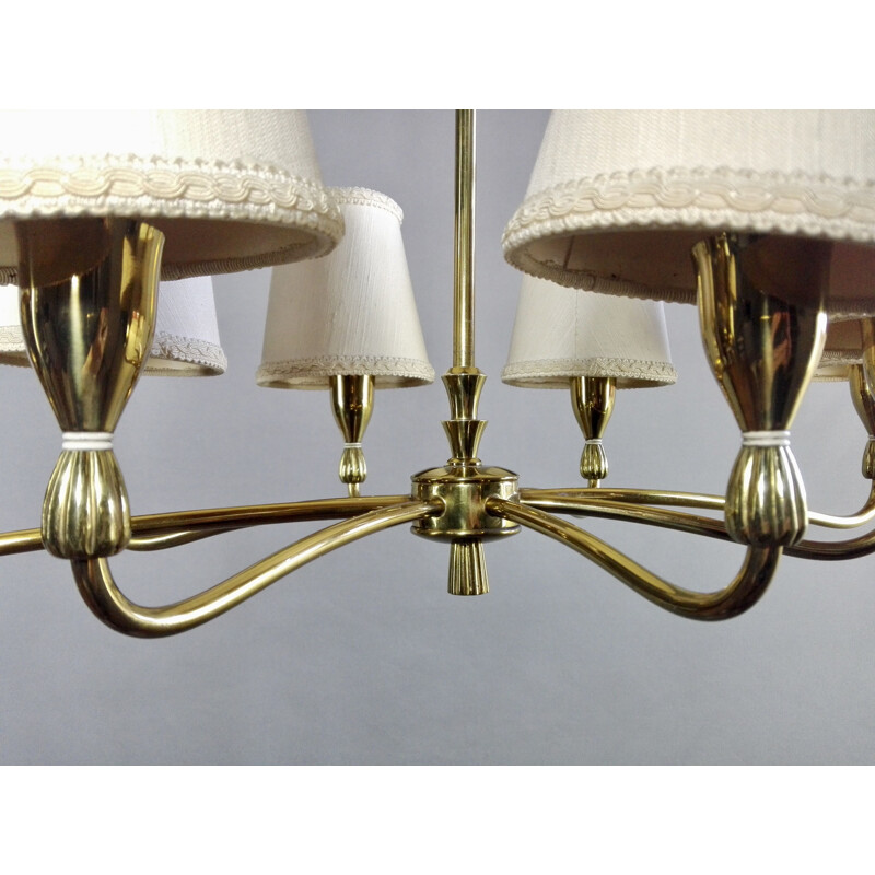 Italian vintage eight-light gilded solid brass chandelier, 1950s