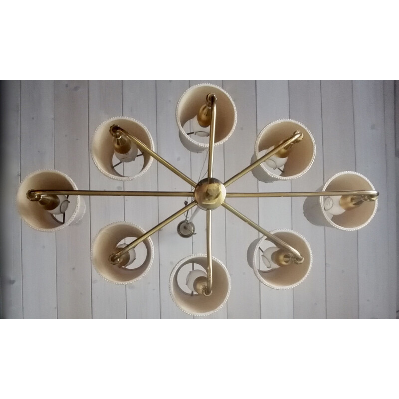 Italian vintage eight-light gilded solid brass chandelier, 1950s