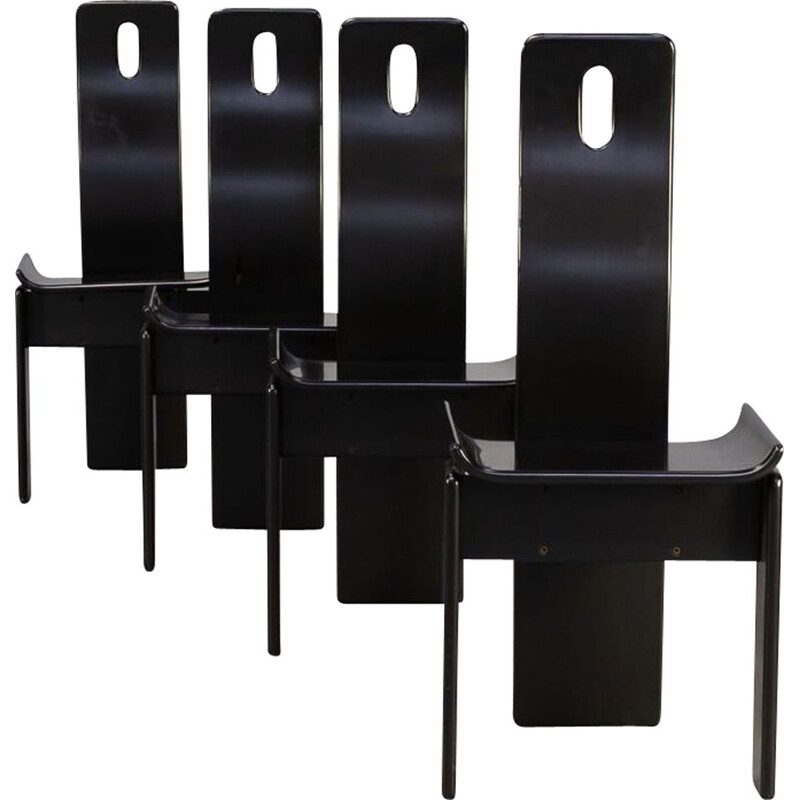 Lot de 4 chaises vintage à dossier haut laquées noir, 1980