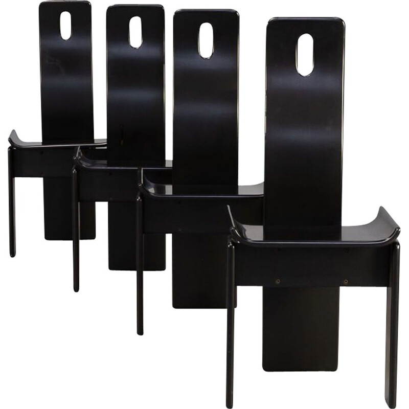 Set of 4 vintage black lacquered high back dining chairs, 1980s