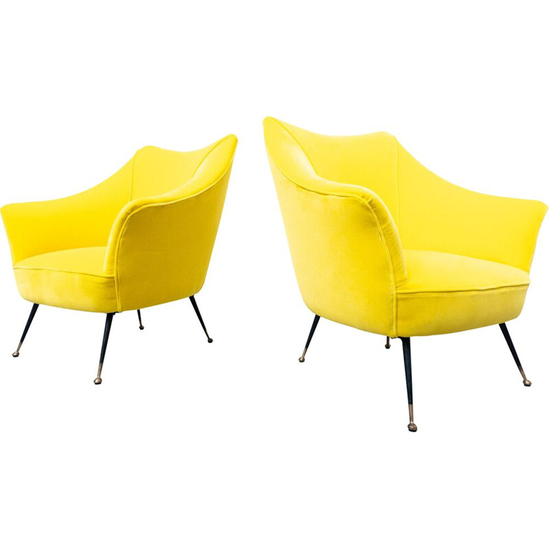 Pair of mid-century yellow fabric armchairs, Italy 1960s