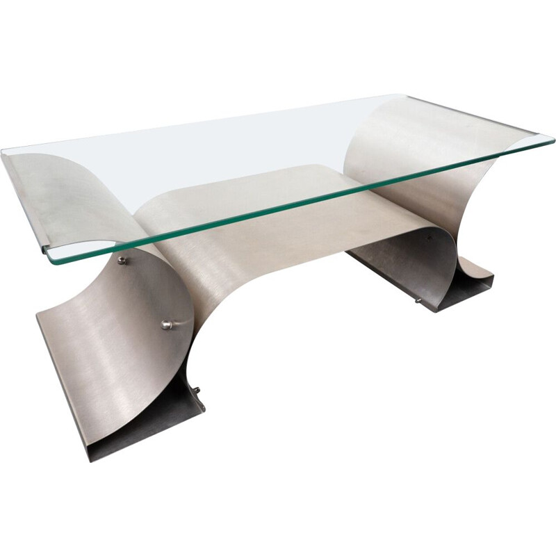 Mid-century Italian table in brushed steel and glass, 1970s