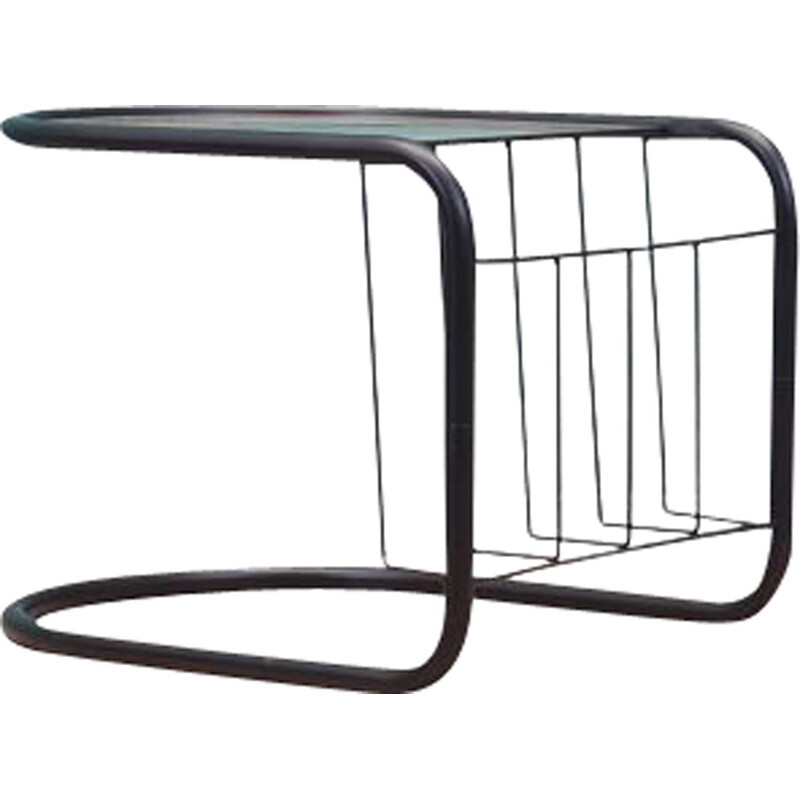 Vintage glass and metal side table with magazine rack, Denmark 1970