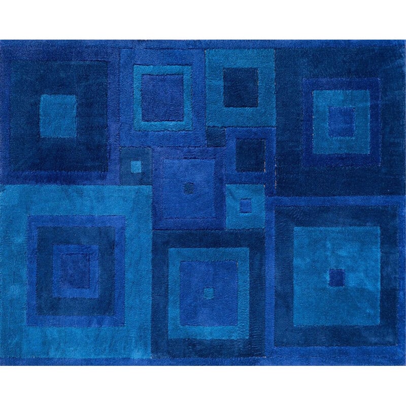 Alfombra azul vintage "Square Dance" de Ross Littell, 1960