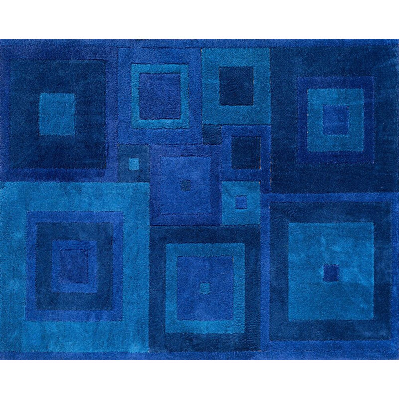 Tapis "Square Dance" vintage bleu par Ross Littell, 1960
