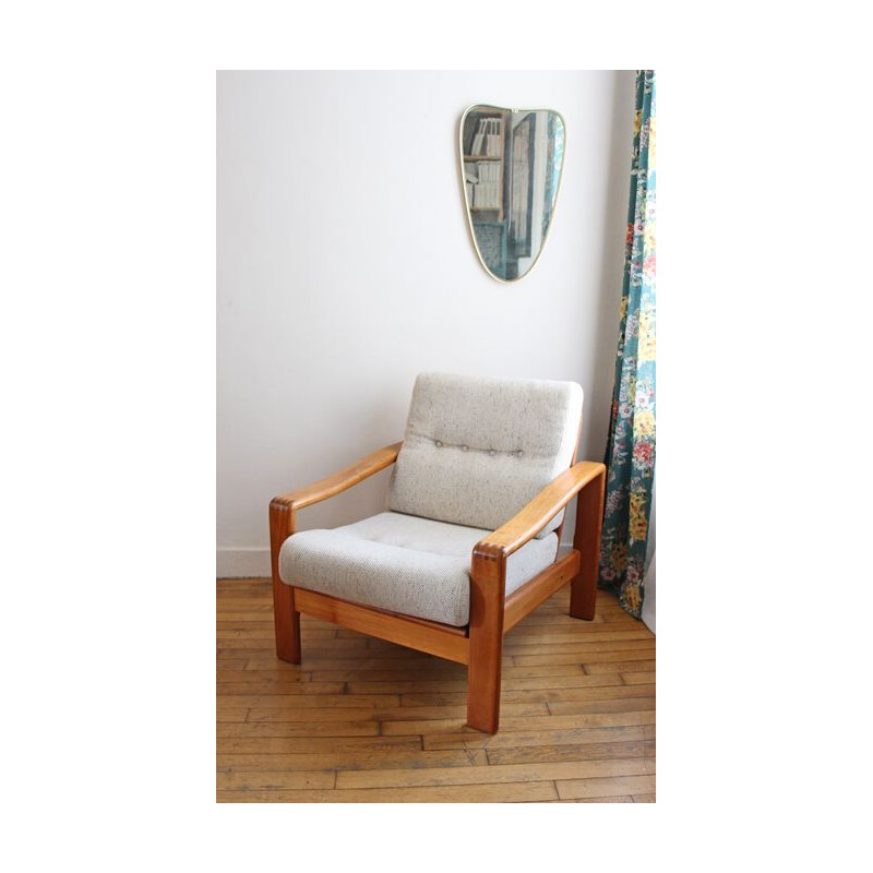 Ensemble de salon scandinave vintage en teck massif et en lainage beige chiné, 1970