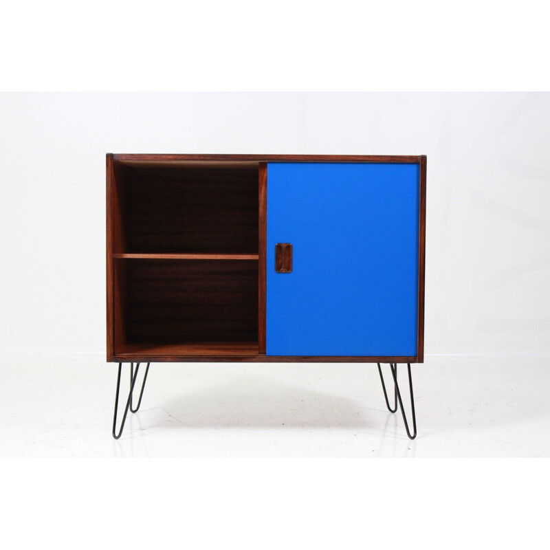 Blue cabinet in rosewood with hairpin legs in metal - 1960s