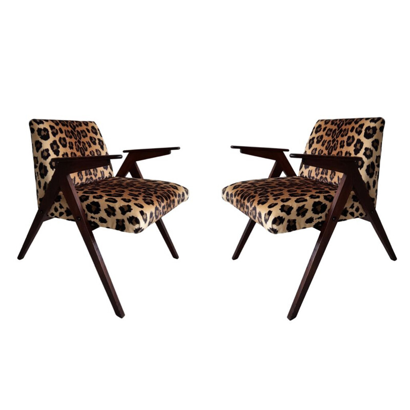 Pair of vintage leopard velvet Bunny armchairs from Dolnośląskie Fabryki Mebli, Poland 1960s