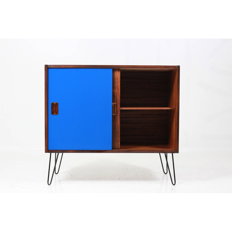 Blue cabinet in rosewood with hairpin legs in metal - 1960s