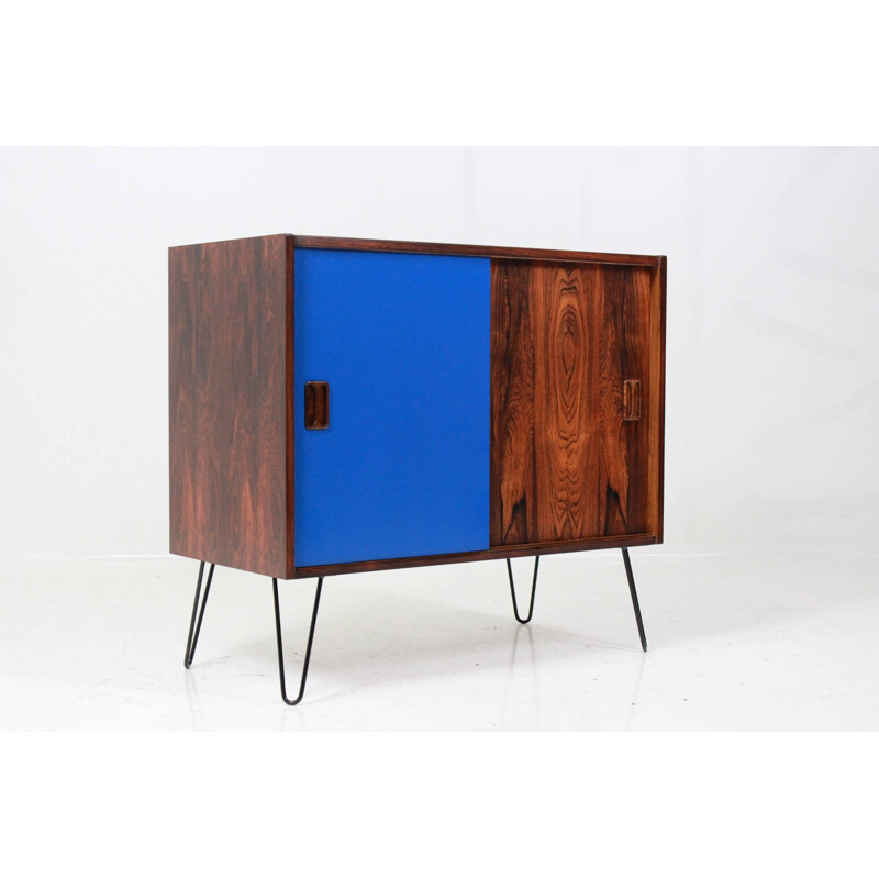 Blue cabinet in rosewood with hairpin legs in metal - 1960s