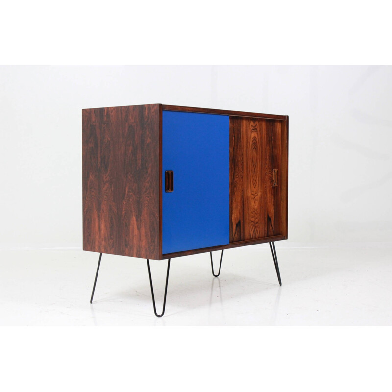 Blue cabinet in rosewood with hairpin legs in metal - 1960s