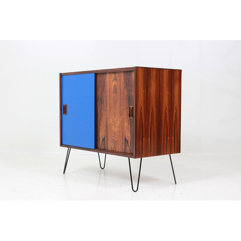 Blue cabinet in rosewood with hairpin legs in metal - 1960s