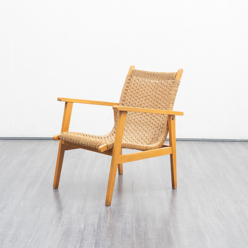 Vintage beechwood and sisal armchair, 1950s