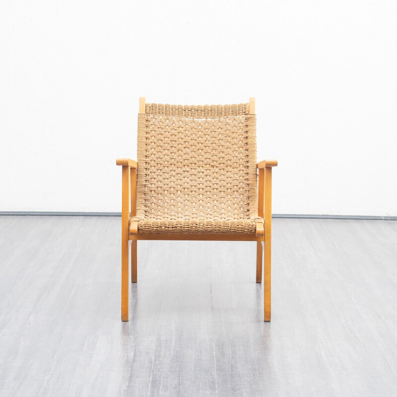 Vintage beechwood and sisal armchair, 1950s