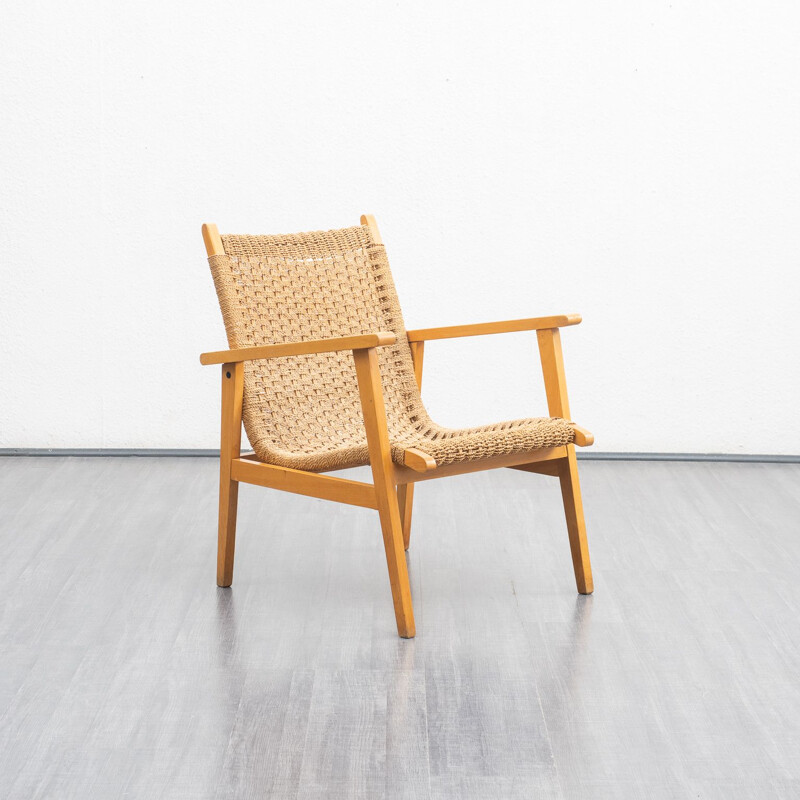 Vintage beechwood and sisal armchair, 1950s