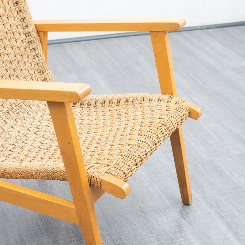 Vintage beechwood and sisal armchair, 1950s