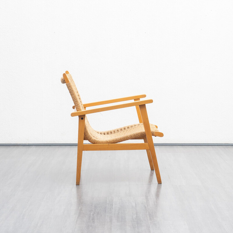 Vintage beechwood and sisal armchair, 1950s