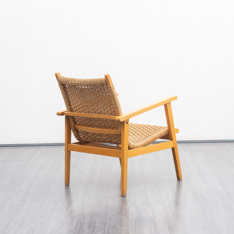 Vintage beechwood and sisal armchair, 1950s