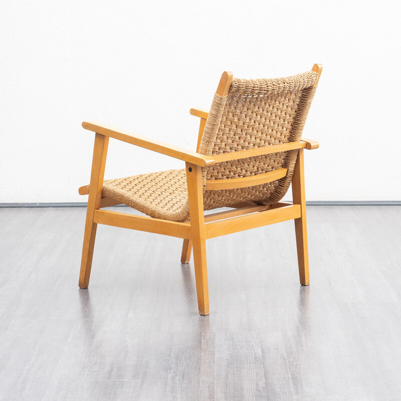 Fauteuil vintage en hêtre et sisal, 1950