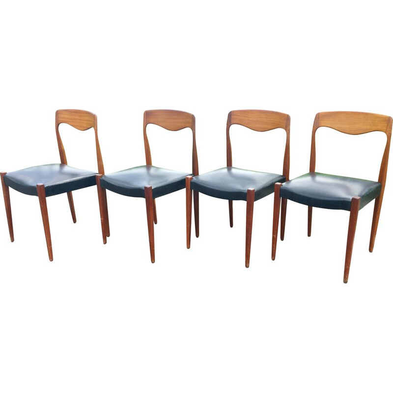 Set of 4 vintage teak and black skai chairs 1950