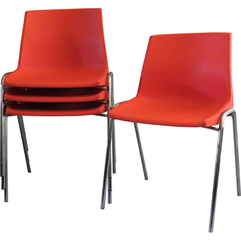 Ensemble de 4 chaises vintage en plastique orange par OVP Belgium pour JP Emonds, 1970