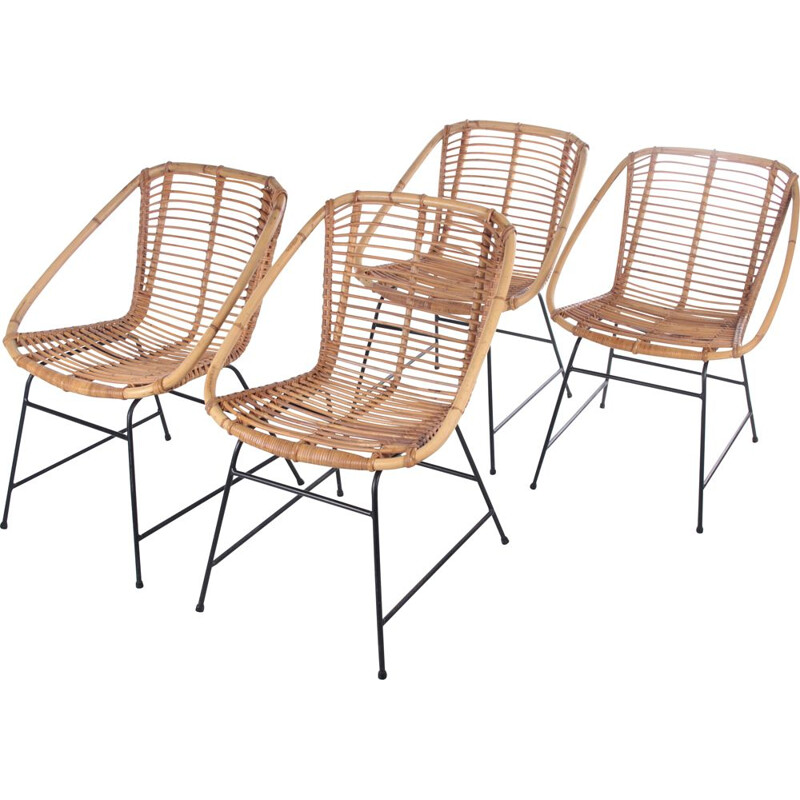 Set of 4 vintage bamboo chairs, 1960