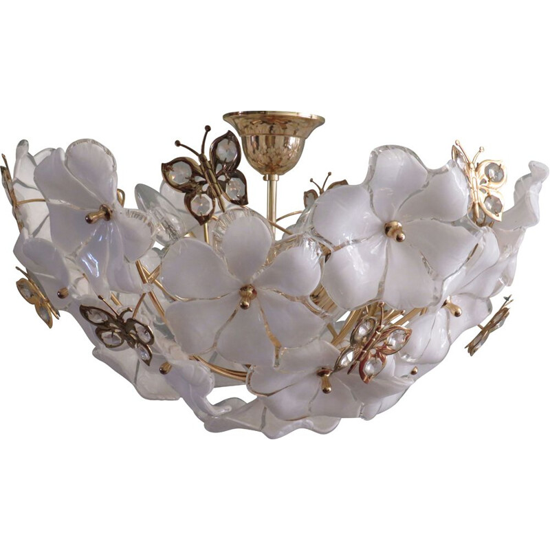 Vintage ceiling lamp transparent and white Murano glass, 1970s