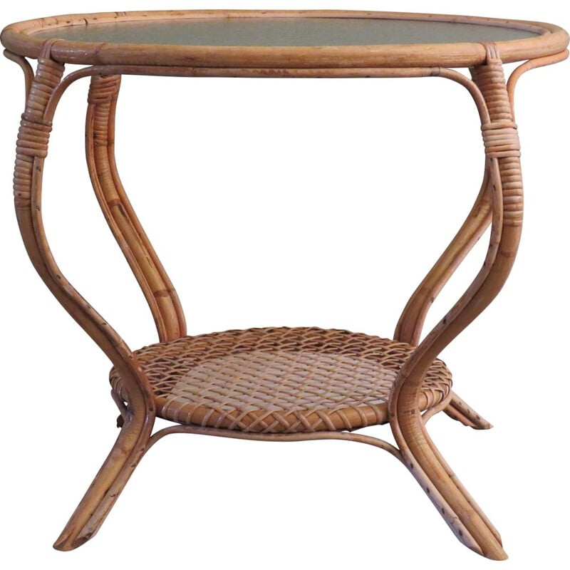 Mesa redonda de bambu vintage e de café de vidro com bolhas, 1960