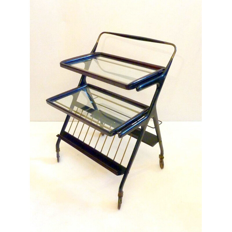 Multi functional Italian trolley in brass and wood, Ico PARISI - 1950s