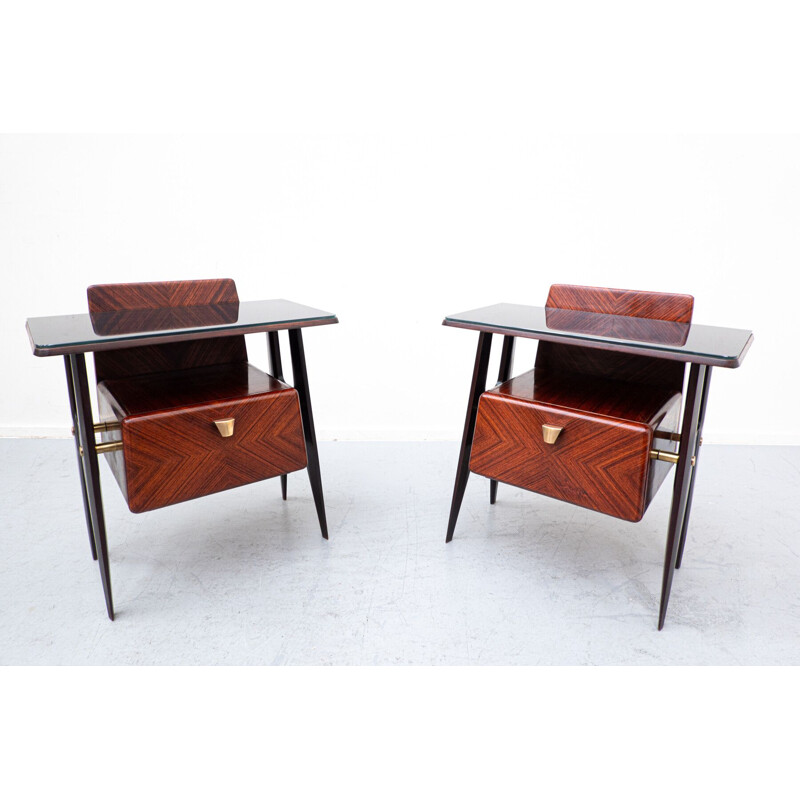 Modern vintage Italian night stands in wood and glass, 1950s