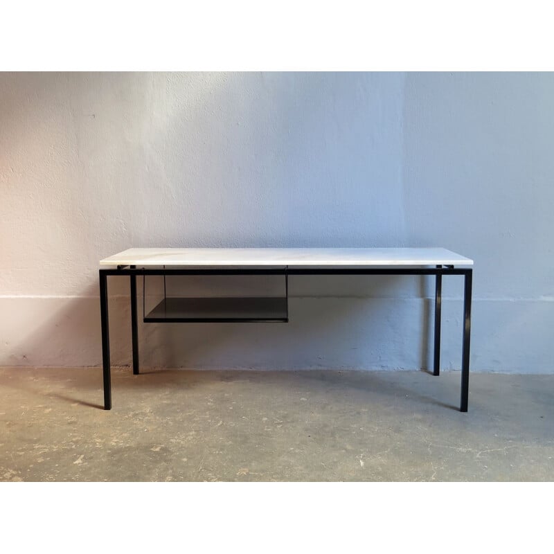 Vintage black metal table with marble top and shelf, 1970s