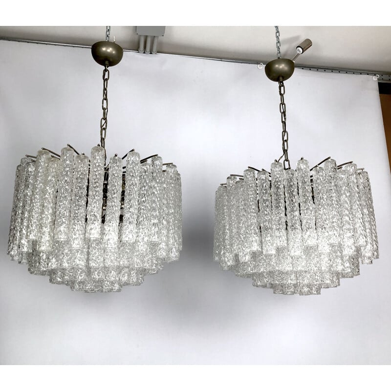 Pair of vintage murano clear glass chandeliers by Toni Zuccheri for Venini, Italy 1960s