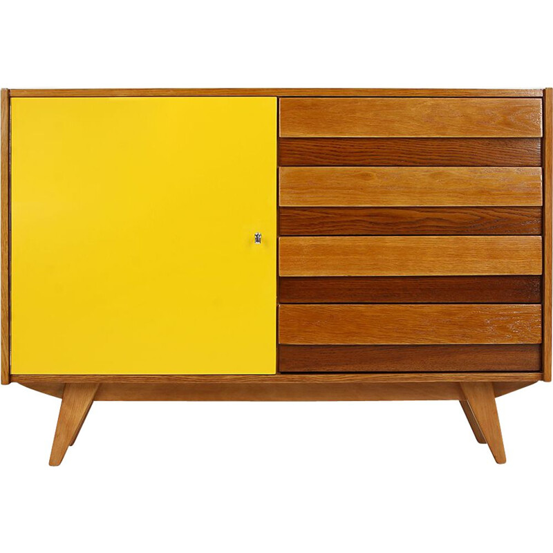 Mid century highboard with four drawers and yellow doors by Jiri Jiroutek for Interier Praha, 1960s