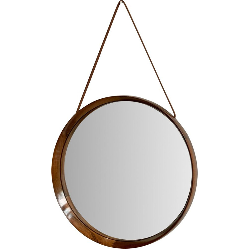 Vintage wall mirror in rosewood and leather by Uno and Östen Kristiansson for Luxus, Sweden