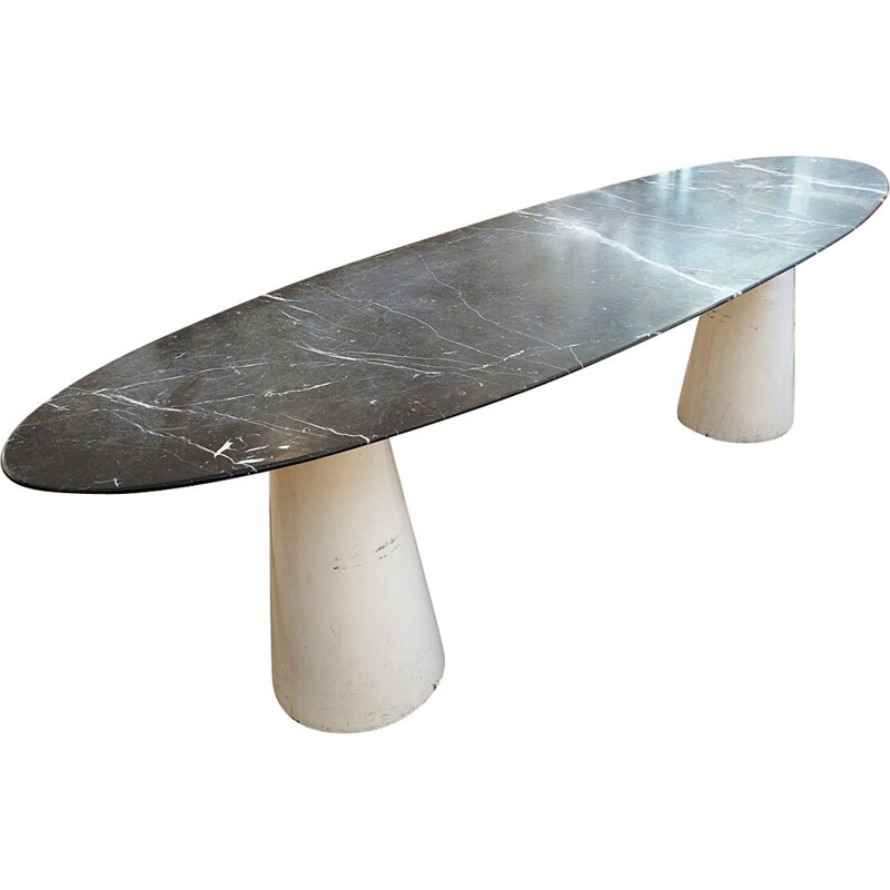 Large mid-century consoletable with oval marble top and wooden legs, Italy 1970s