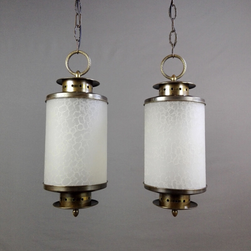 Pair of vintage brass and glass pendant lamps, Italy 1950