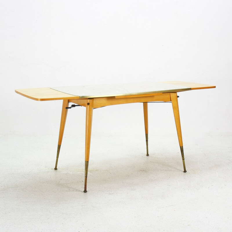 Height-adjustable and extendable table with patterned glass top - 1950s