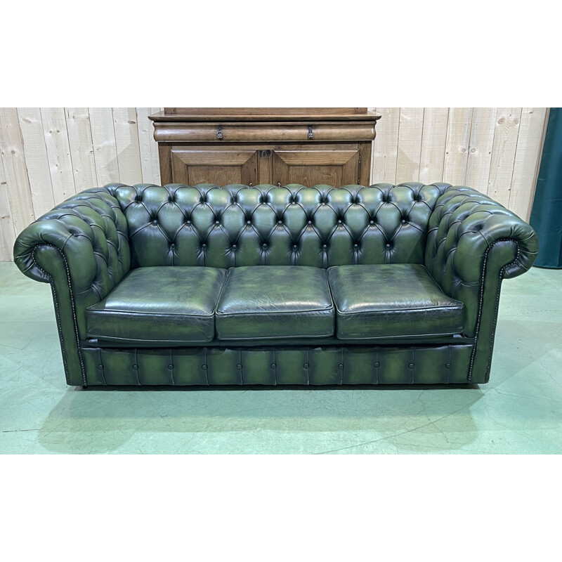 Vintage Chesterfield 3 seater sofa in green leather, 1970