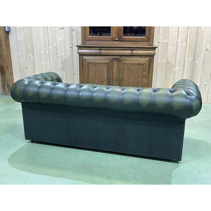 Vintage Chesterfield 3 seater sofa in green leather, 1970