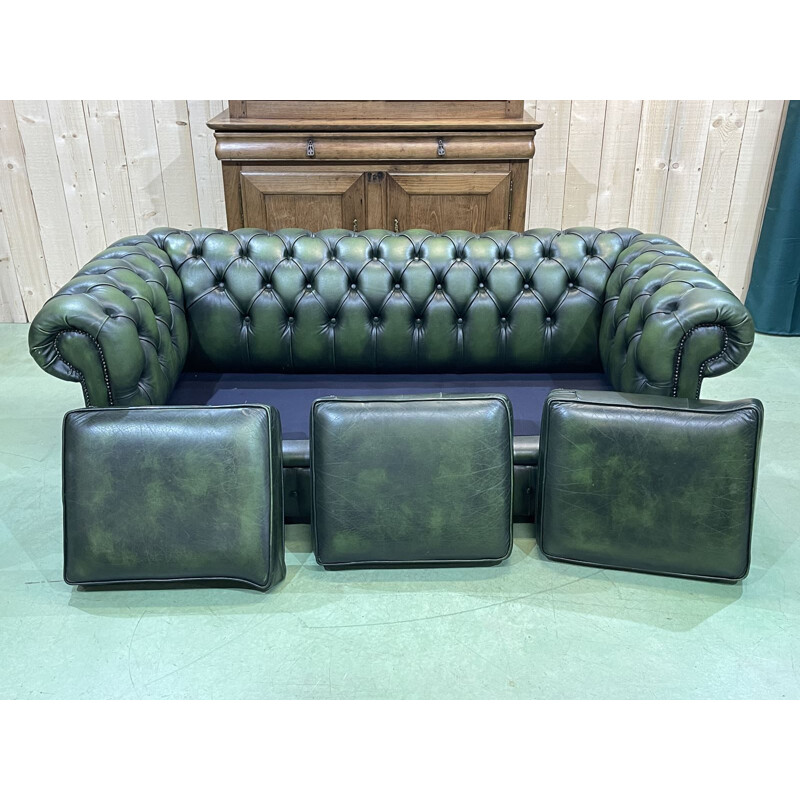 Vintage Chesterfield 3 seater sofa in green leather, 1970
