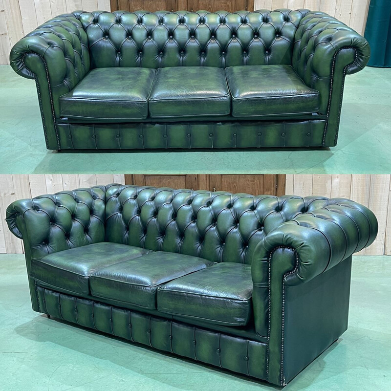 Canapé vintage Chesterfield 3 places en cuir vert, 1970