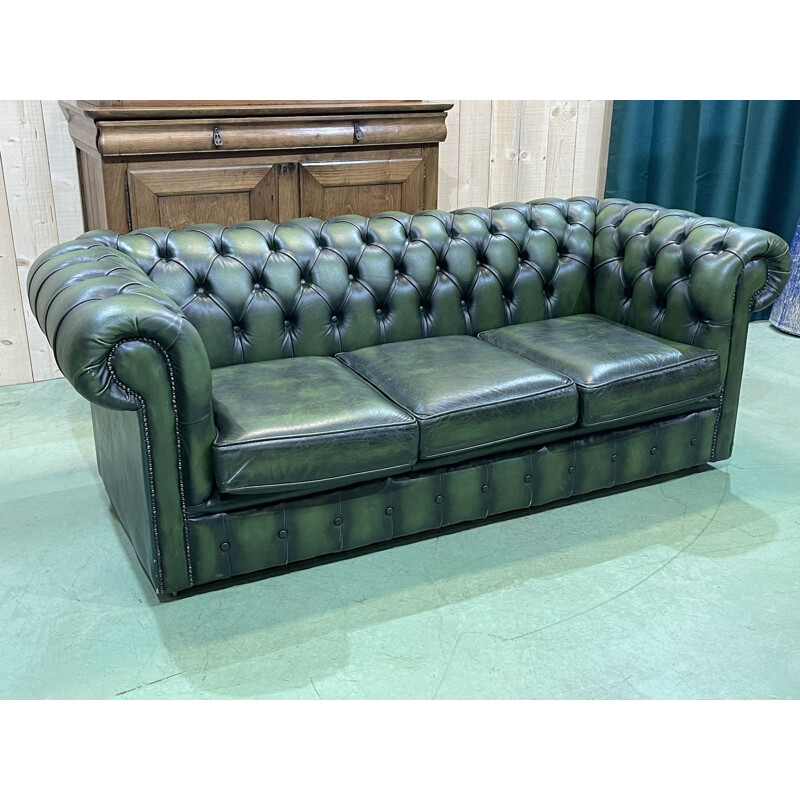 Vintage Chesterfield 3 seater sofa in green leather, 1970