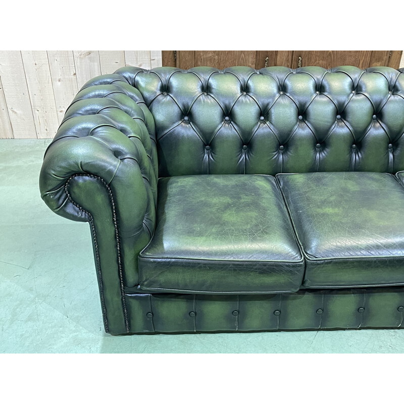 Canapé vintage Chesterfield 3 places en cuir vert, 1970